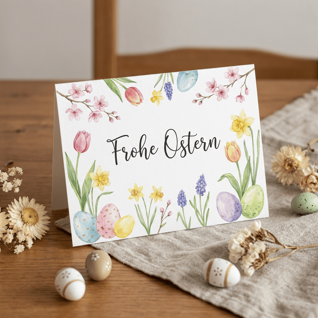 Frohe Ostern Karte mit Blumen und Eiern
