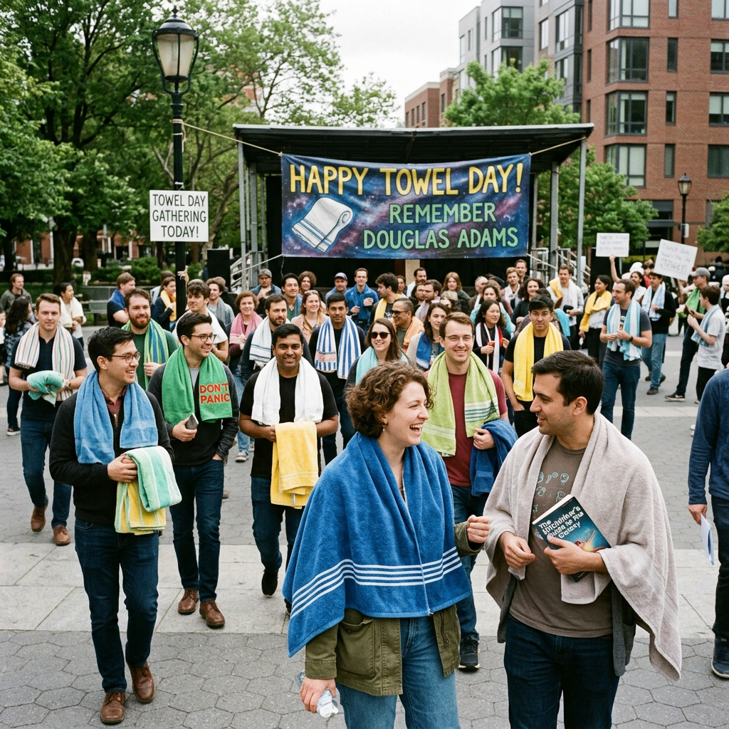 Group of people holding towels and a book at a Towel Day gathering honoring Douglas Adams